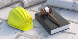 An image of a hard hat, law book, gavel, and blueprints for our article on how to become a health and safety engineer